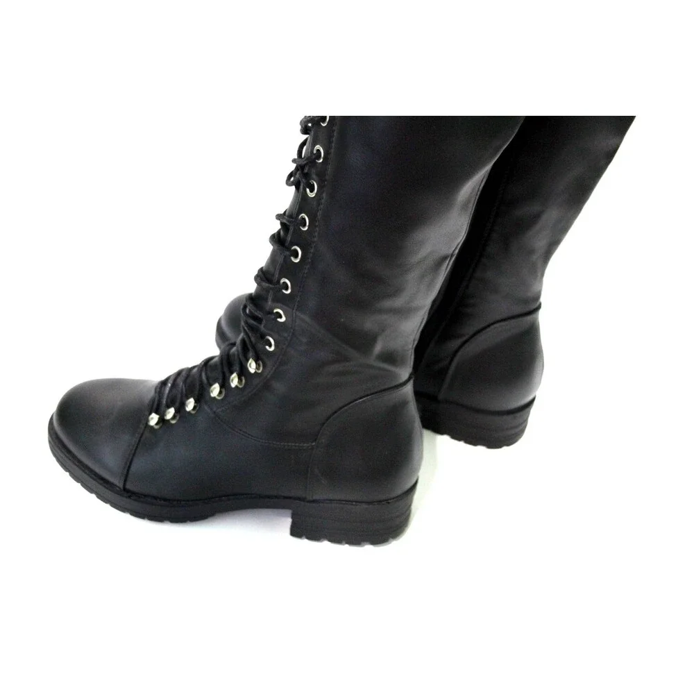 Black Thigh High Low Block Heel Boots Womens Size 7.5 Over the Knee Lace Up Tall